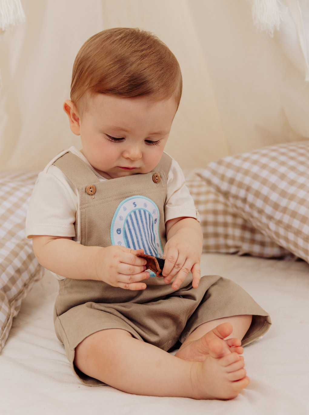 Baby boy sensory-friendly adjustable strap overalls